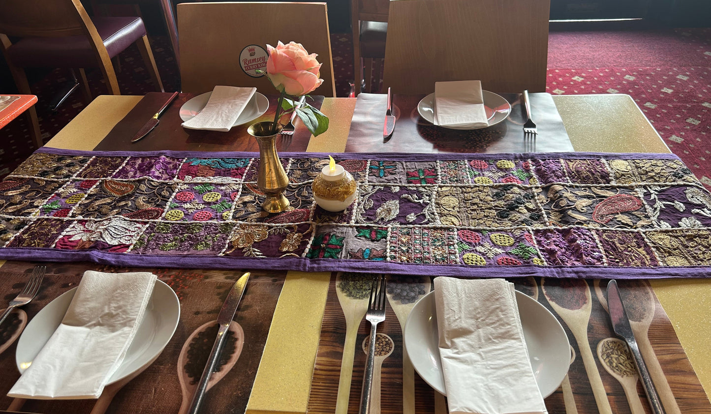Purple Boarder Ethnic Patchwork Table Runner for Royal Home Décor, Boho Style