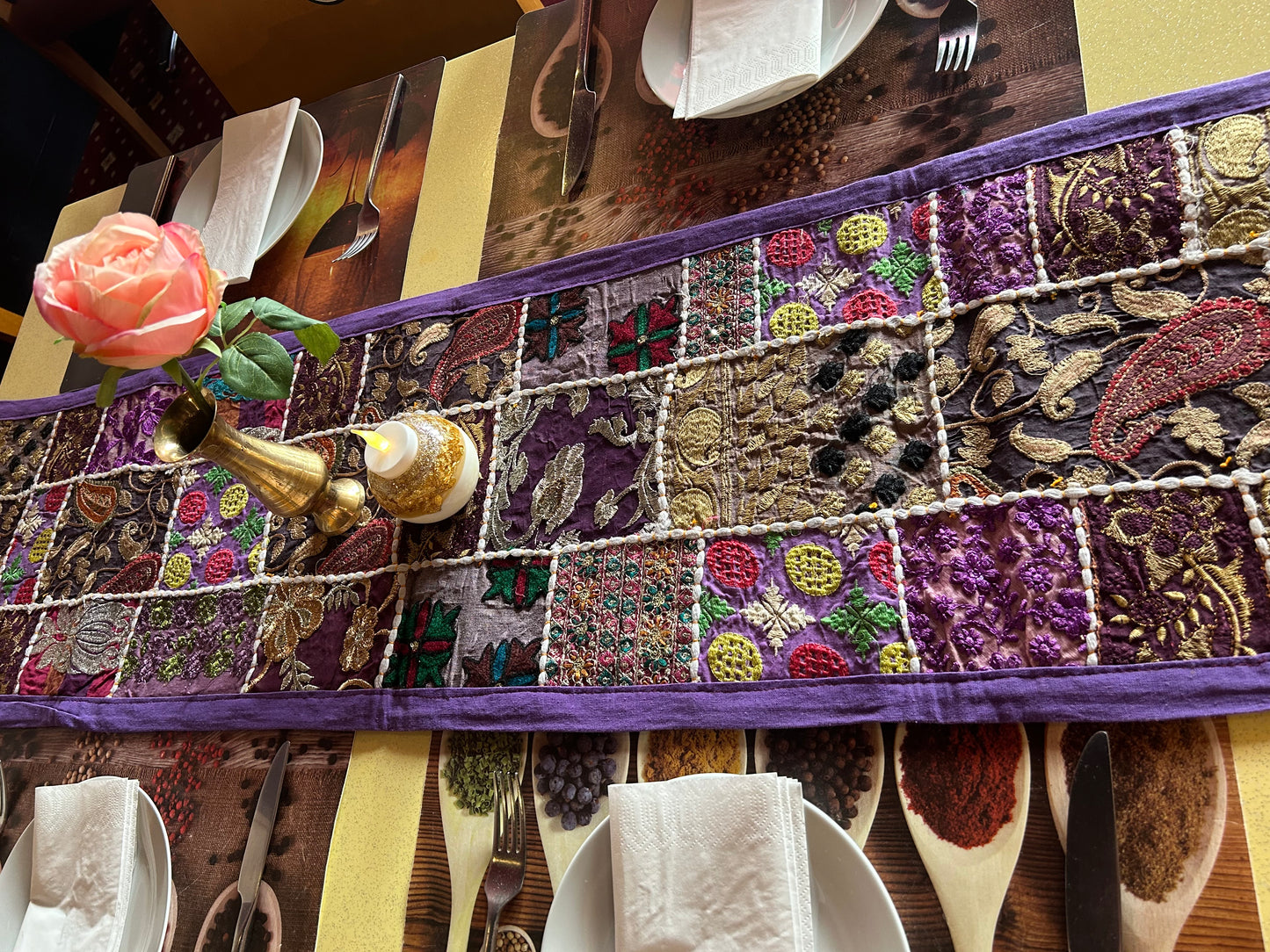 Purple Boarder Ethnic Patchwork Table Runner for Royal Home Décor, Boho Style
