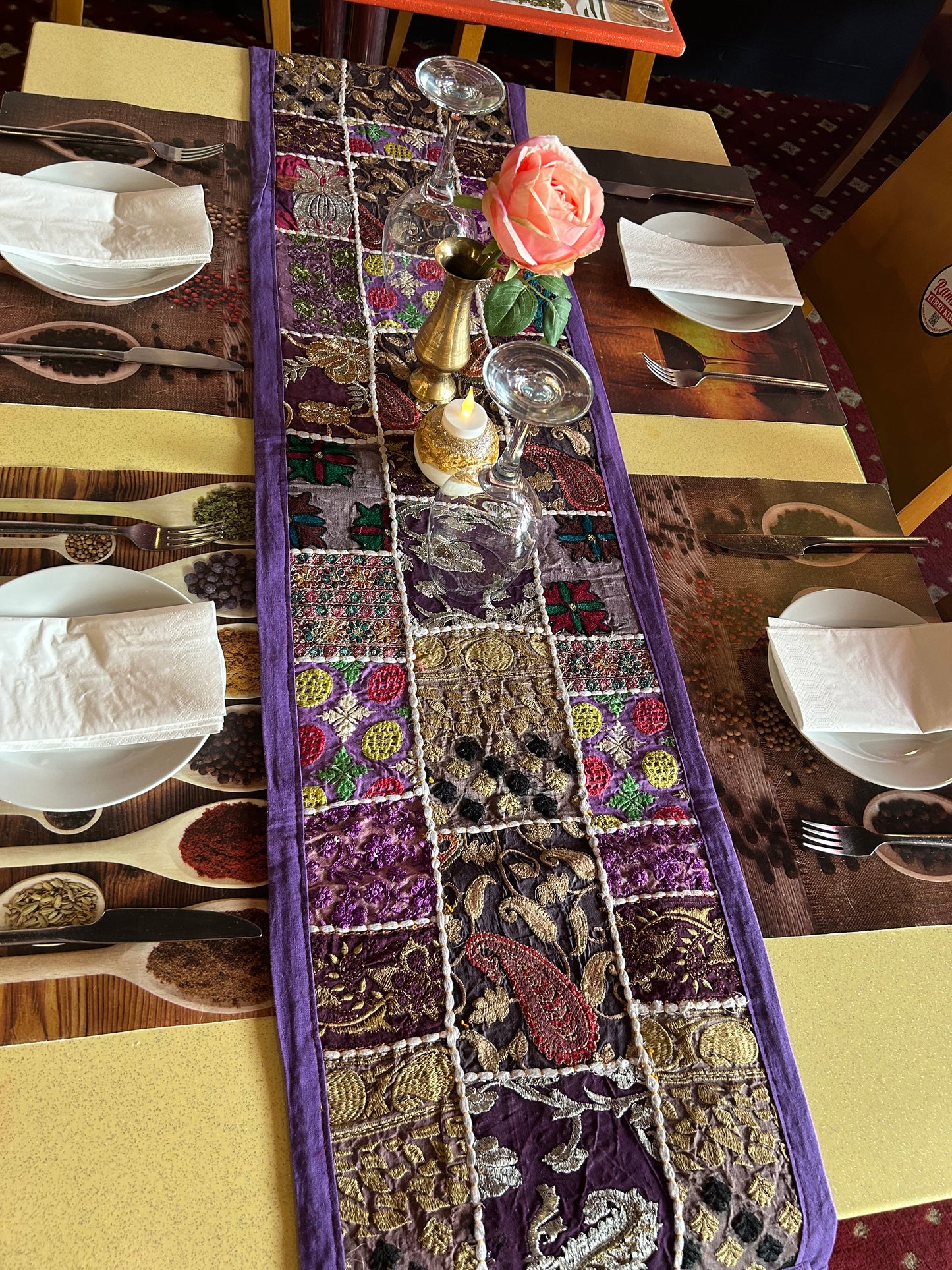 Purple Boarder Ethnic Patchwork Table Runner for Royal Home Décor, Boho Style