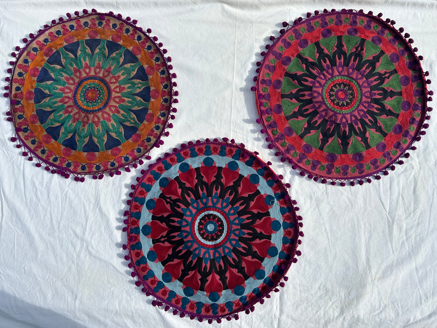 Ethnic Fine Colors Embroidery Round Pillow Covers, Set of 3