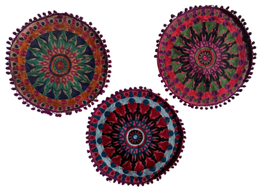 Ethnic Fine Colors Embroidery Round Pillow Covers, Set of 3