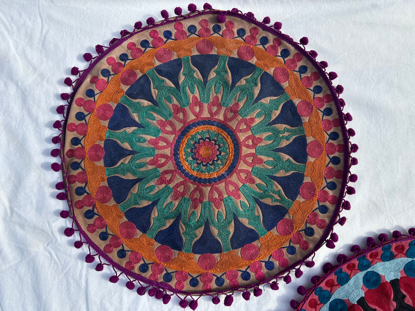Ethnic Fine Colors Embroidery Round Pillow Covers, Set of 3
