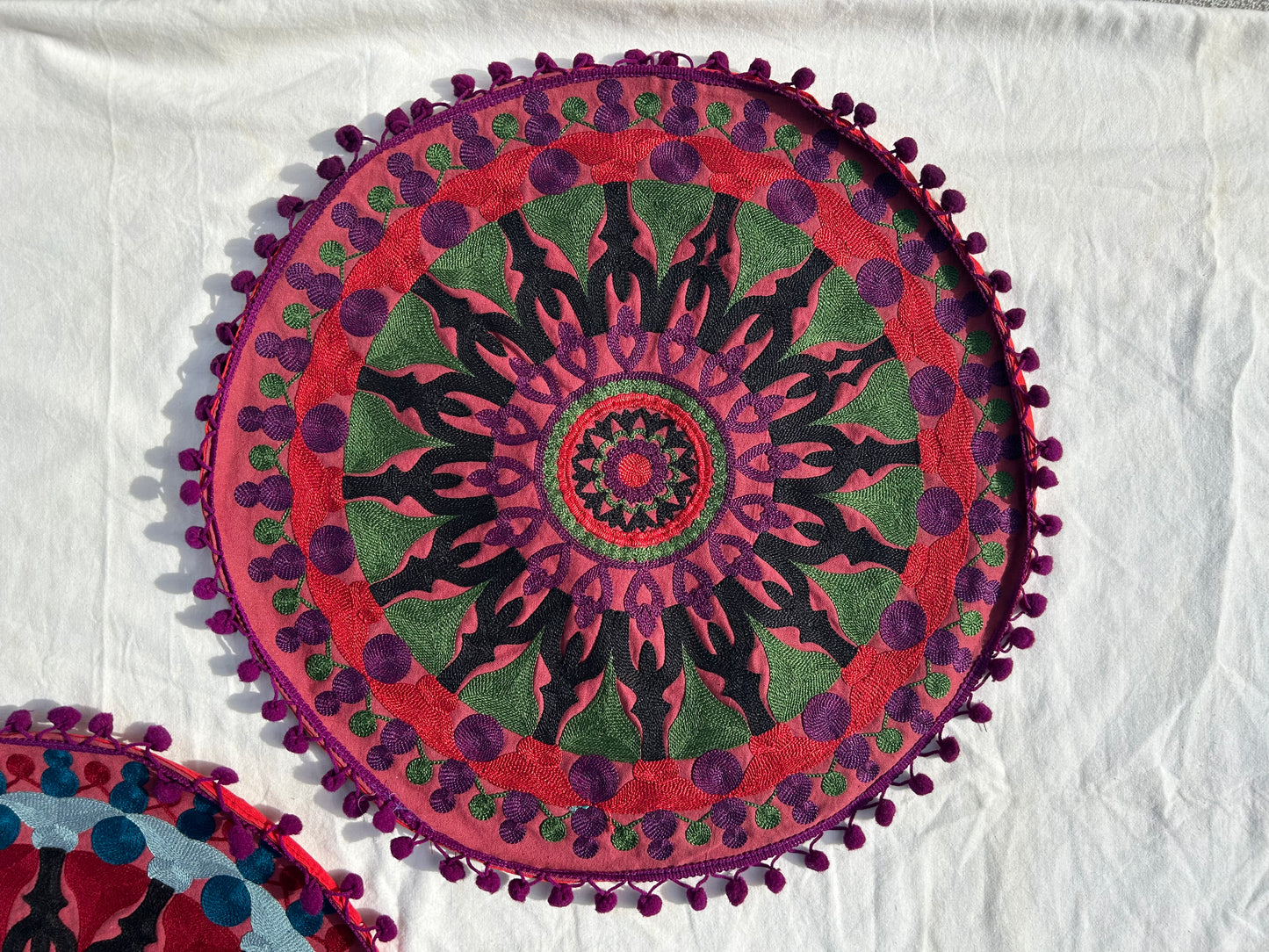 Ethnic Fine Colors Embroidery Round Pillow Covers, Set of 3