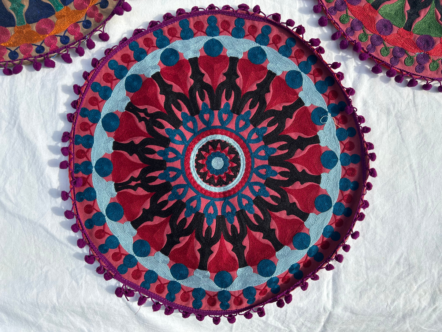 Ethnic Fine Colors Embroidery Round Pillow Covers, Set of 3