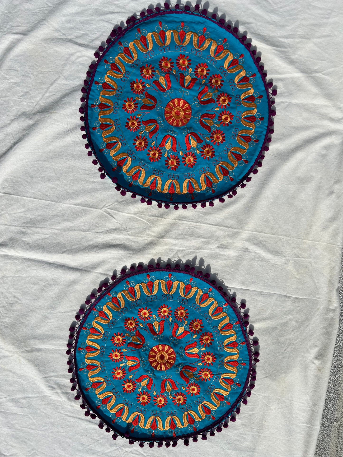 Ethnic Fine Colors Embroidery Round Pillow Covers, Set of 2