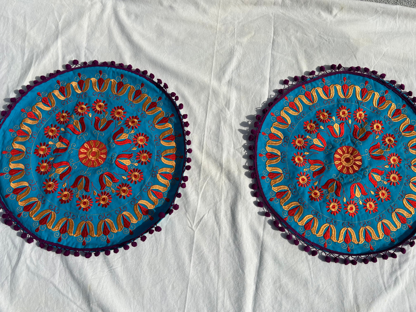 Ethnic Fine Colors Embroidery Round Pillow Covers, Set of 2