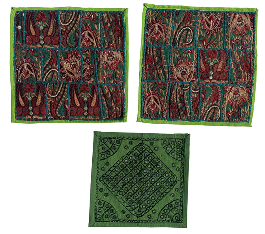 Ethnic Fine Colors Embroidery Green Pillow Covers, Set of 3