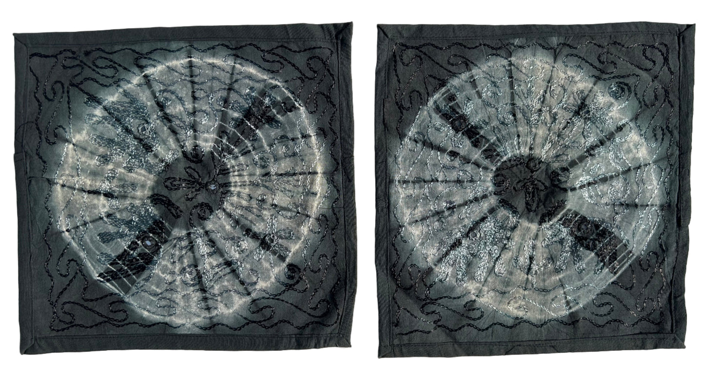 Ethnic Grey Tie & Dye Embroidered Black Pillow Covers, Set of 2