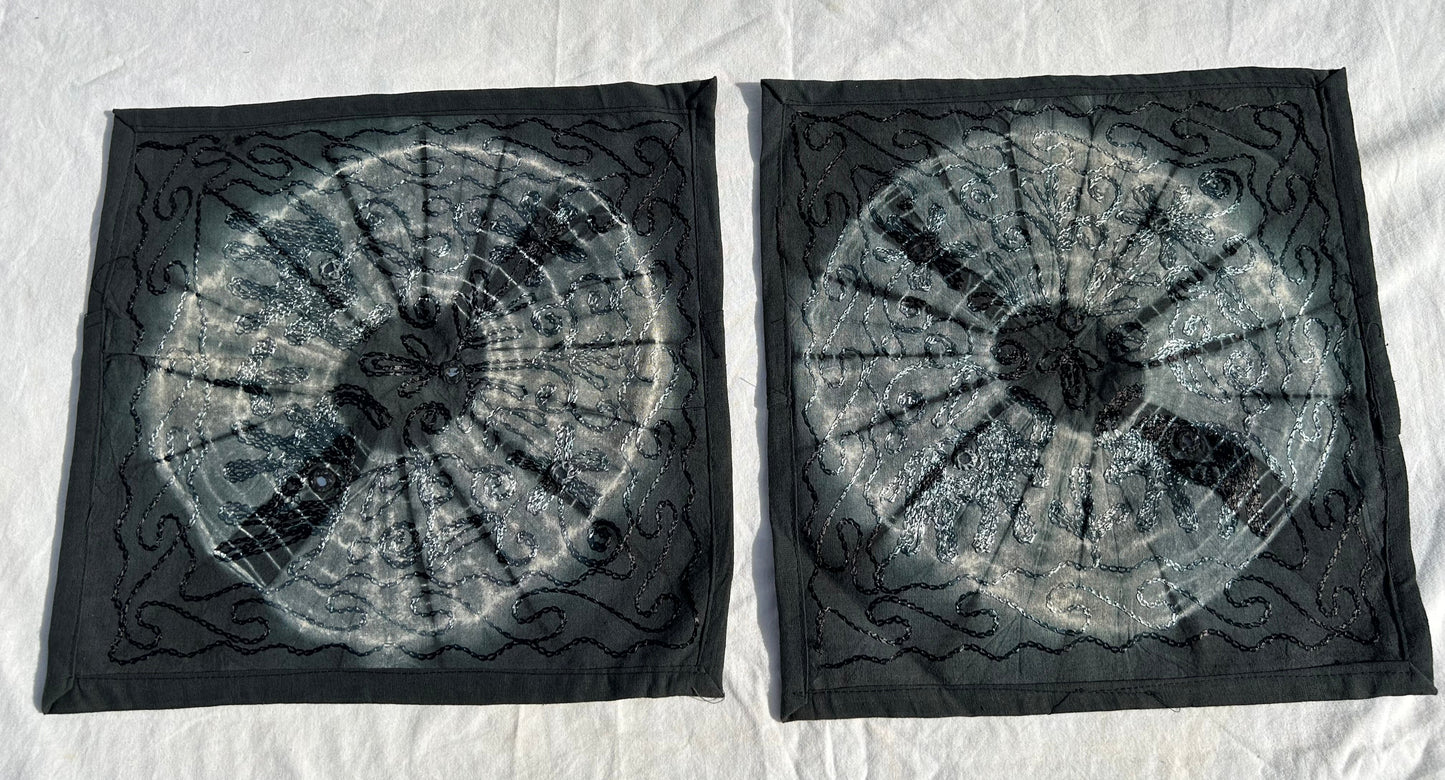 Ethnic Grey Tie & Dye Embroidered Black Pillow Covers, Set of 2