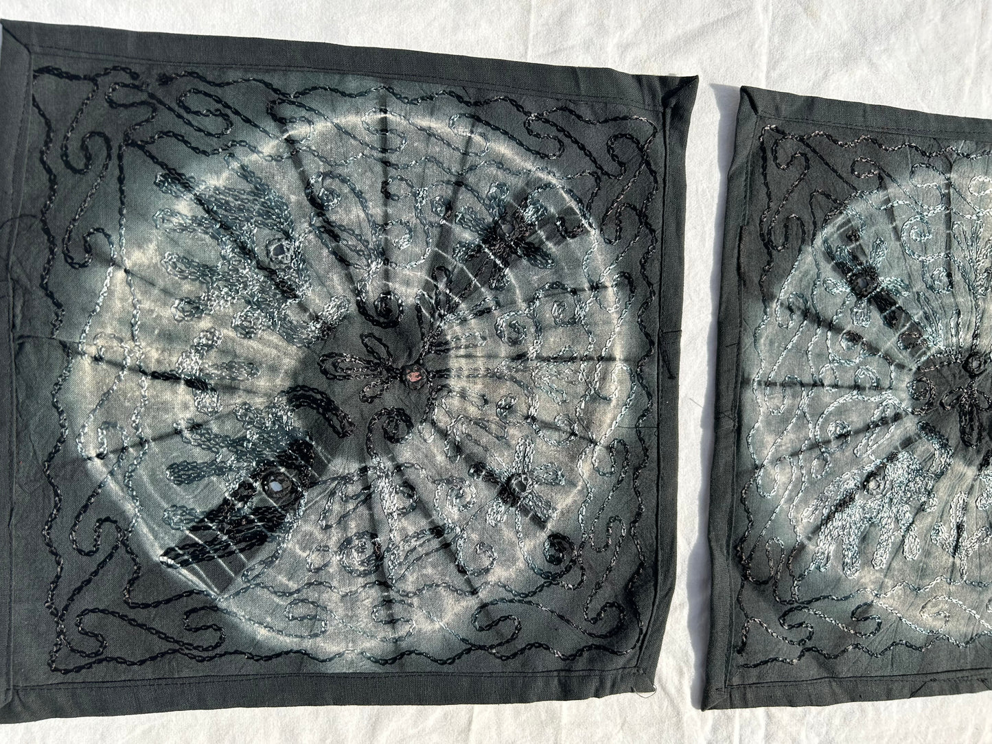 Ethnic Grey Tie & Dye Embroidered Black Pillow Covers, Set of 2