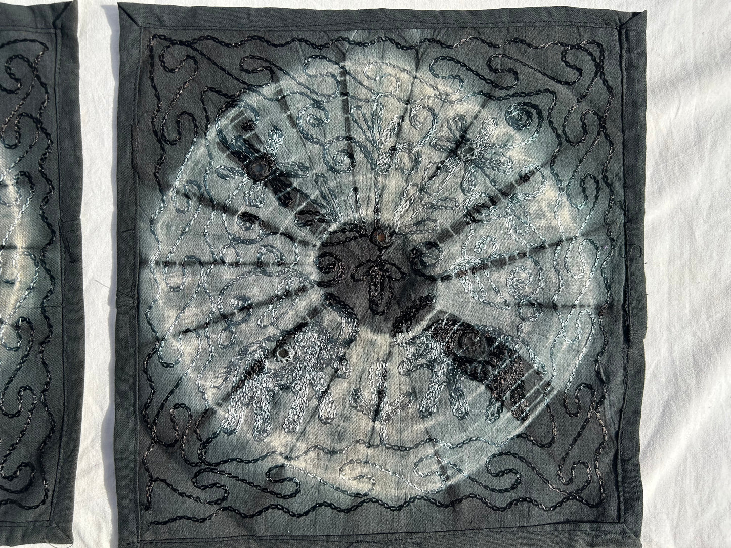 Ethnic Grey Tie & Dye Embroidered Black Pillow Covers, Set of 2