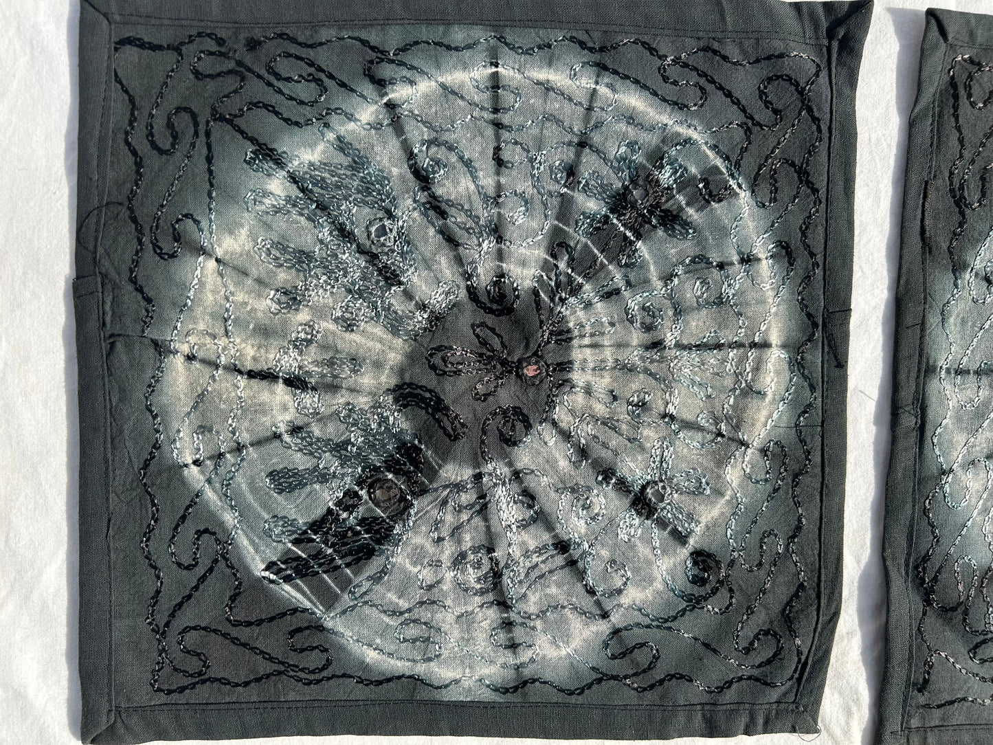 Ethnic Grey Tie & Dye Embroidered Black Pillow Covers, Set of 2