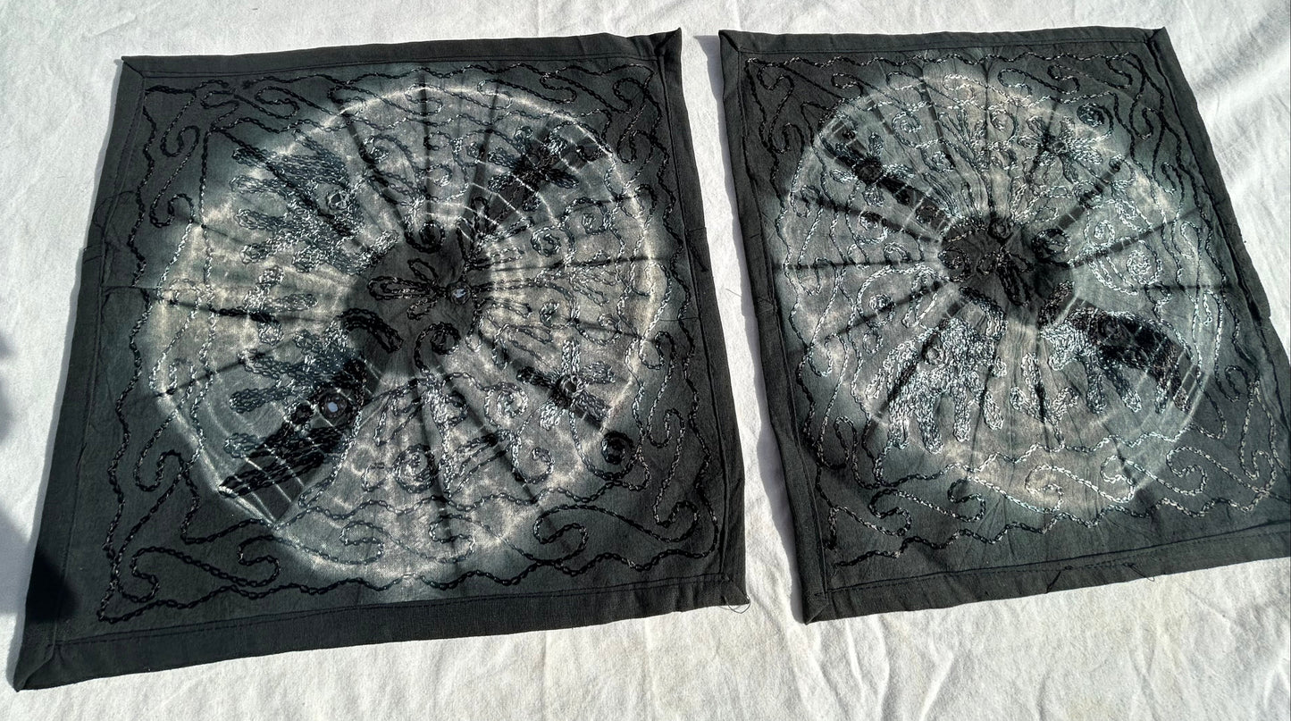 Ethnic Grey Tie & Dye Embroidered Black Pillow Covers, Set of 2