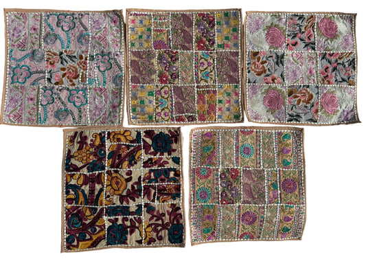 Ethnic Beige boarder Embroidered & Patchwork Pillow Covers, Set of 5