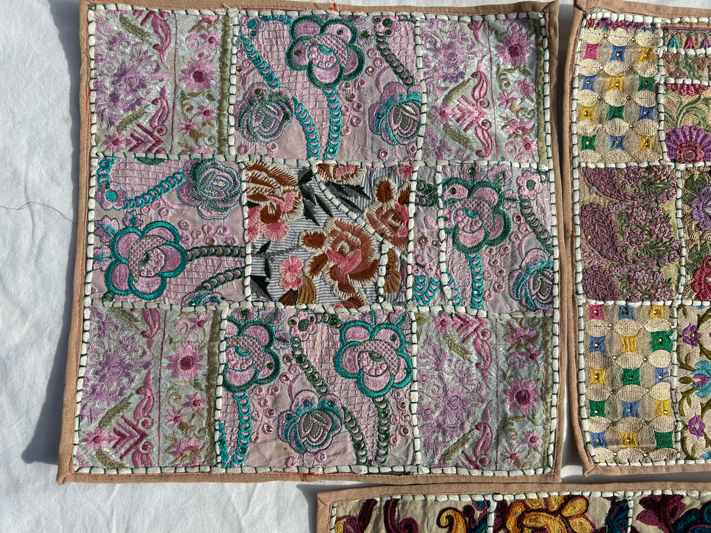 Ethnic Beige boarder Embroidered & Patchwork Pillow Covers, Set of 5