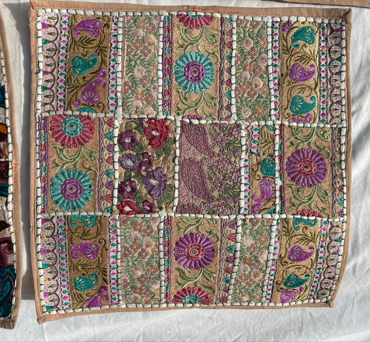 Ethnic Beige boarder Embroidered & Patchwork Pillow Covers, Set of 5