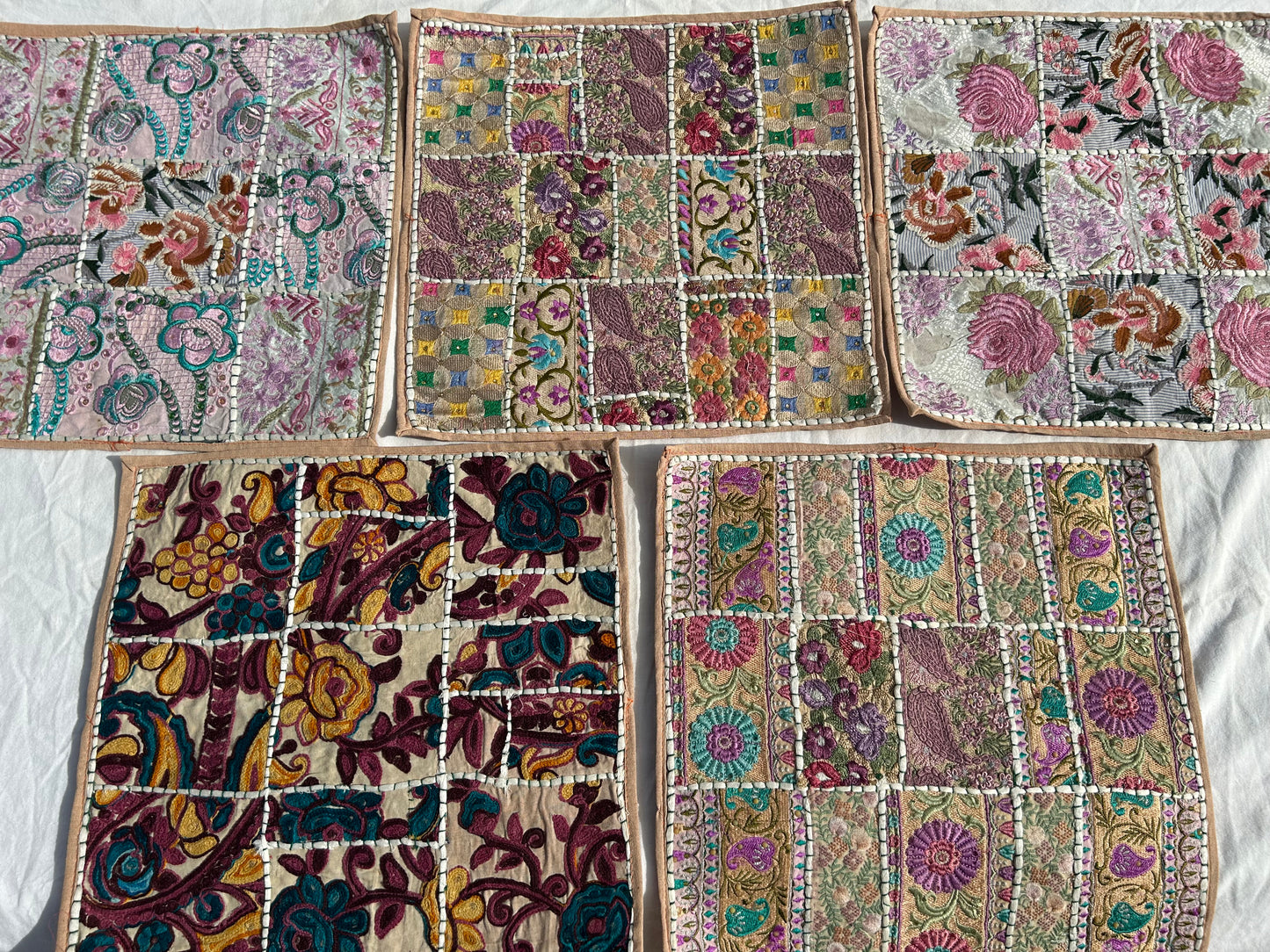 Ethnic Beige boarder Embroidered & Patchwork Pillow Covers, Set of 5