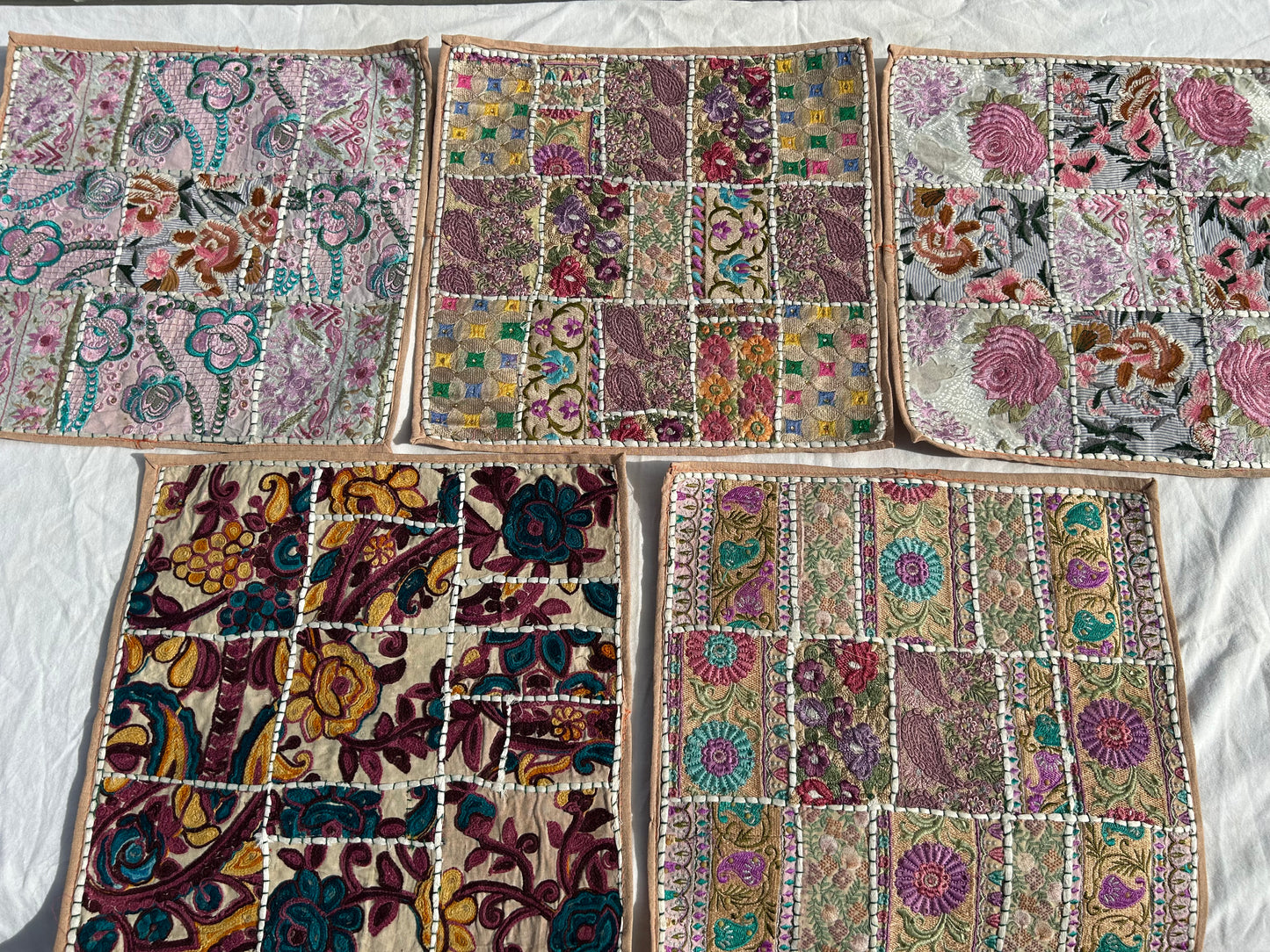 Ethnic Beige boarder Embroidered & Patchwork Pillow Covers, Set of 5