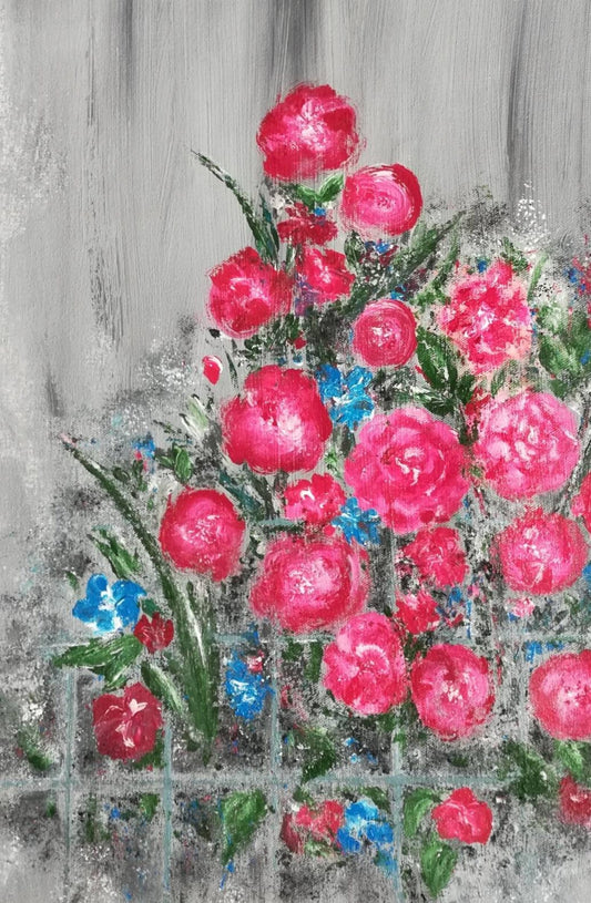 Beautiful Red flowers Abstract Painting with Grey Background, Acrylic on Canvas