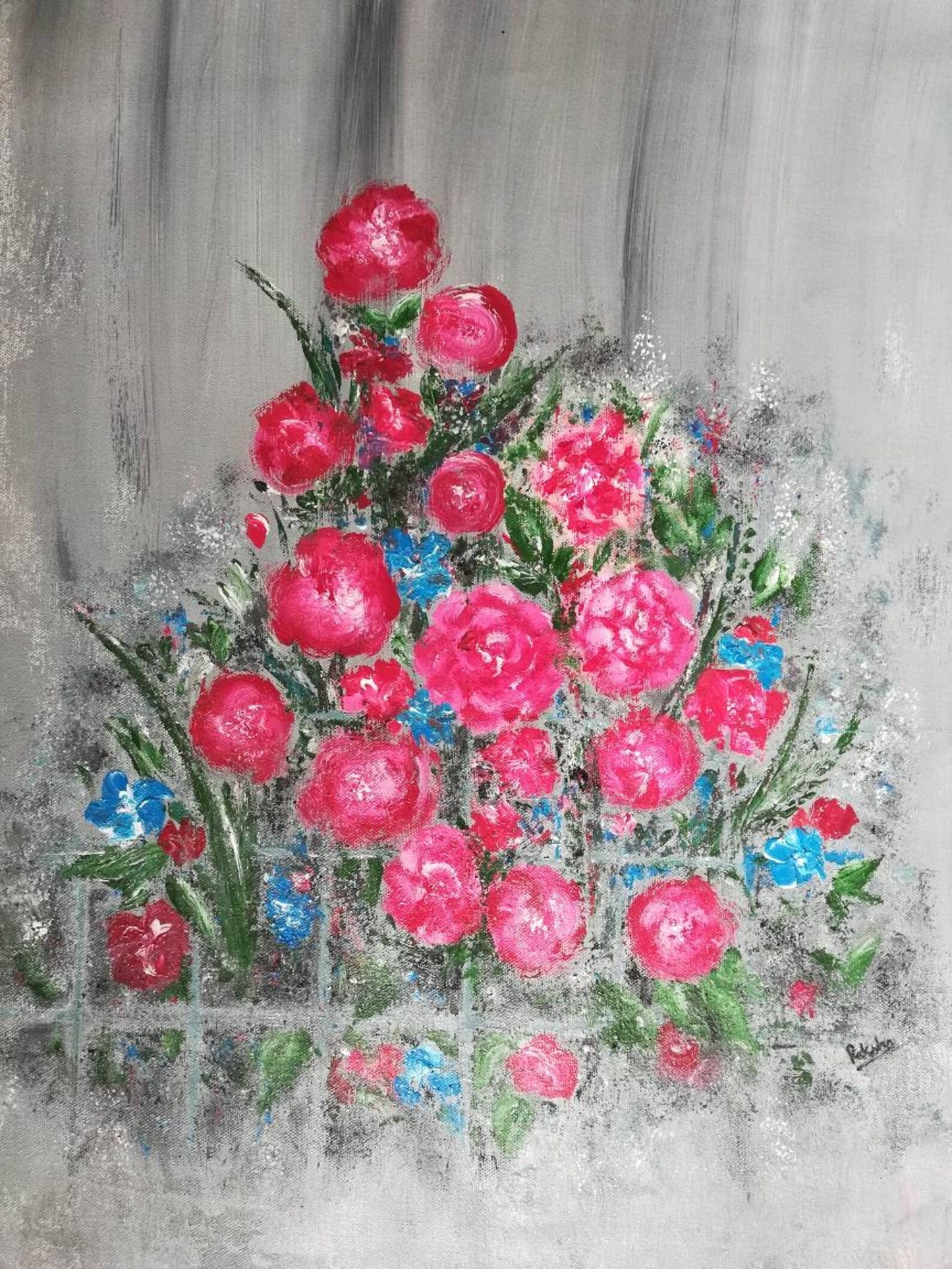 Beautiful Red flowers Abstract Painting with Grey Background, Acrylic on Canvas