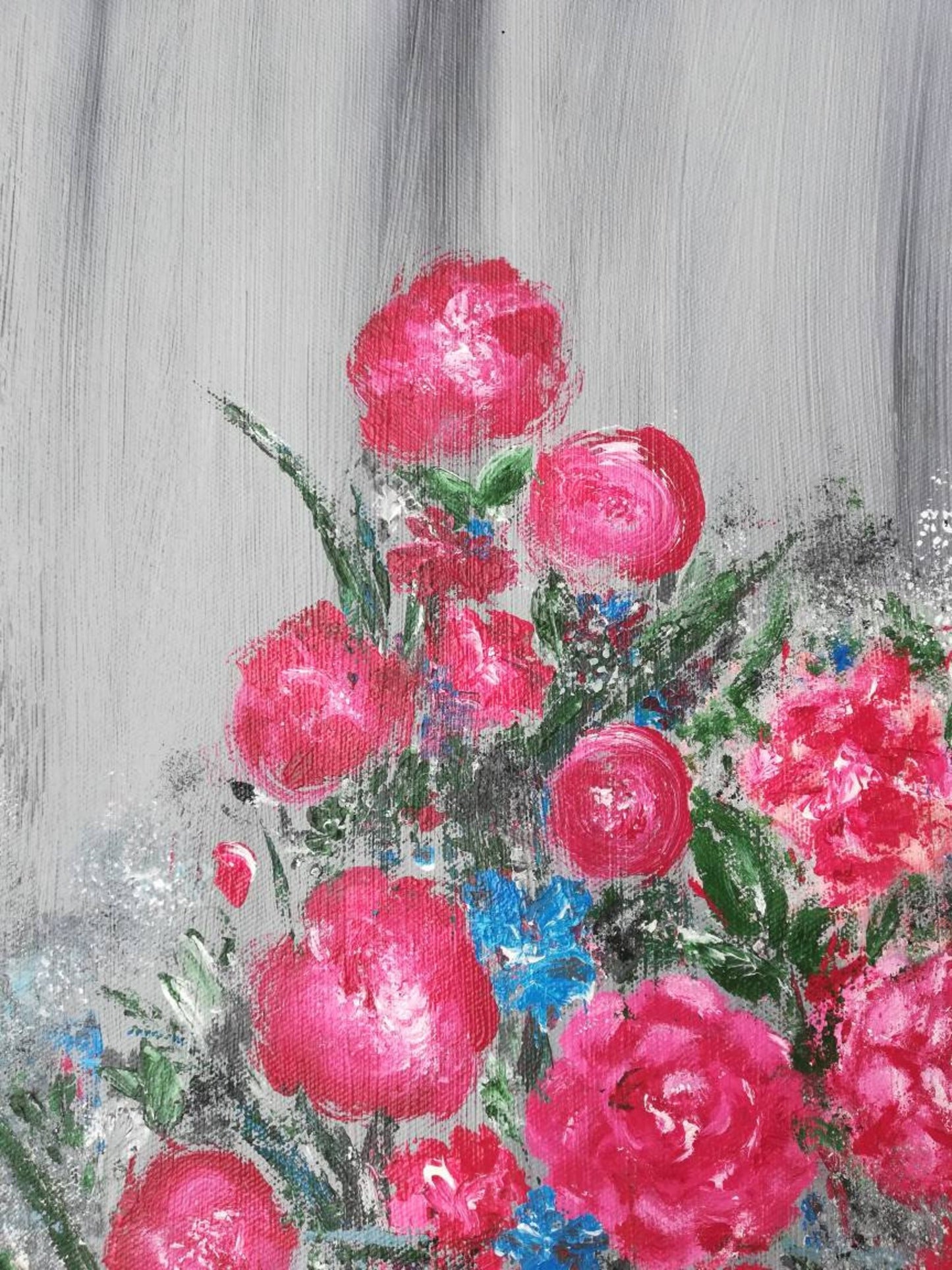 Beautiful Red flowers Abstract Painting with Grey Background, Acrylic on Canvas