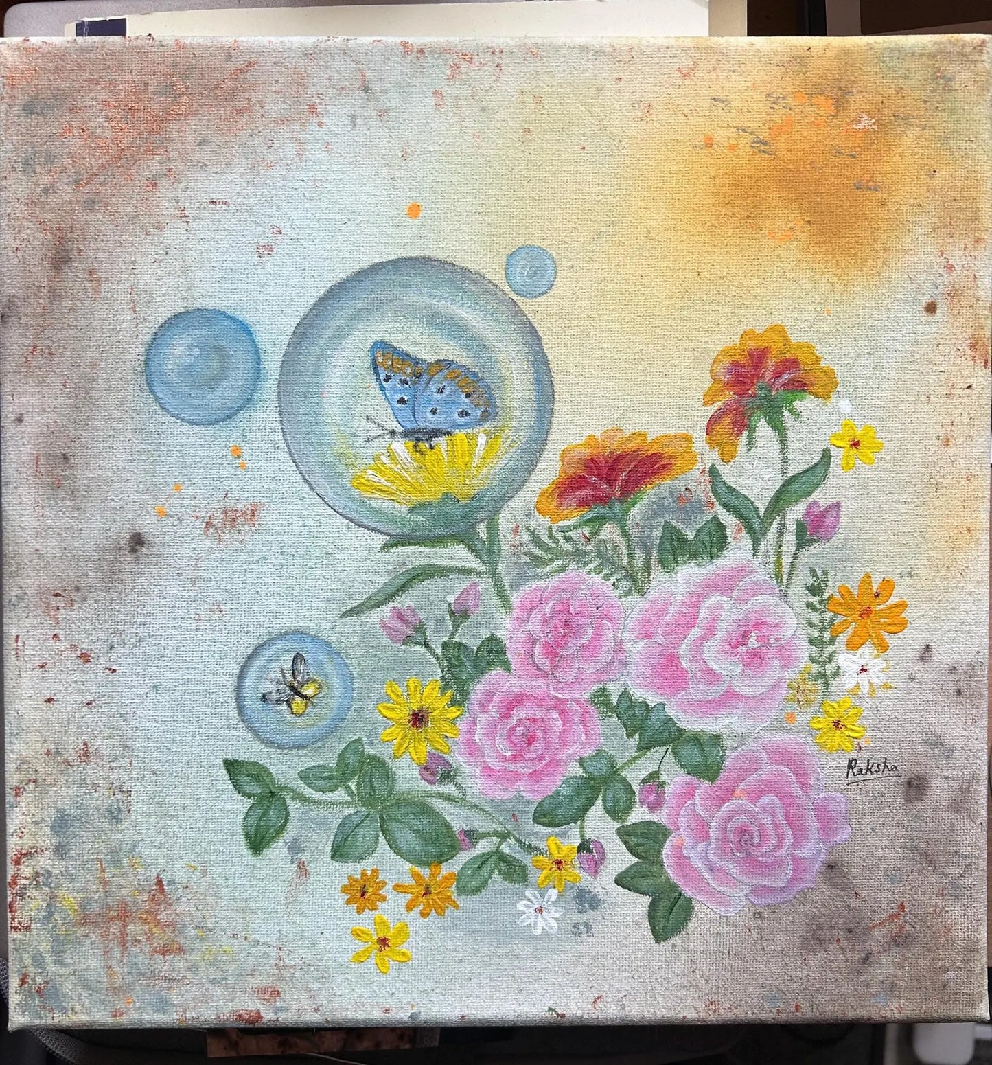 Textured Acrylic Painting on Canvas, Flower painting, fine Art, Butterfly Spring Season