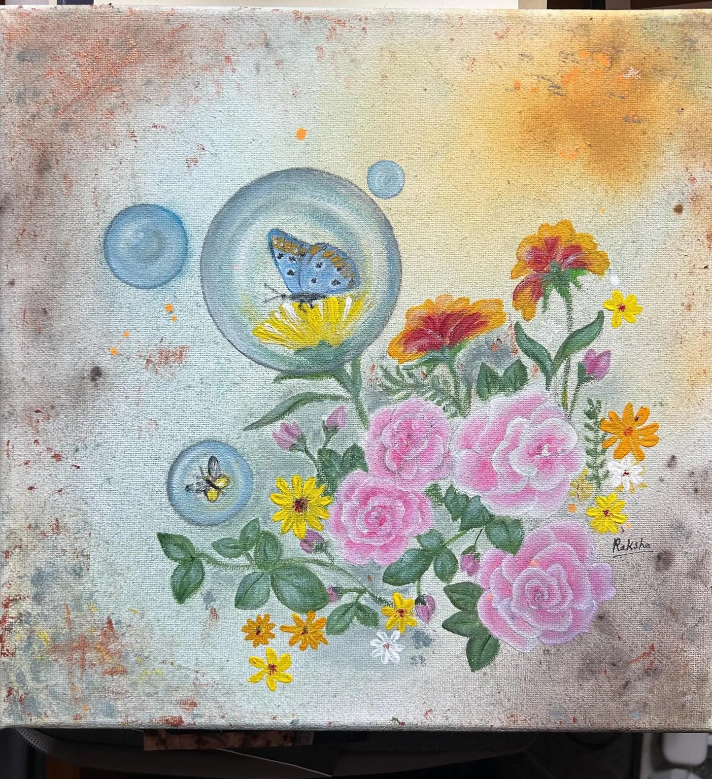 Textured Acrylic Painting on Canvas, Flower painting, fine Art, Butterfly Spring Season