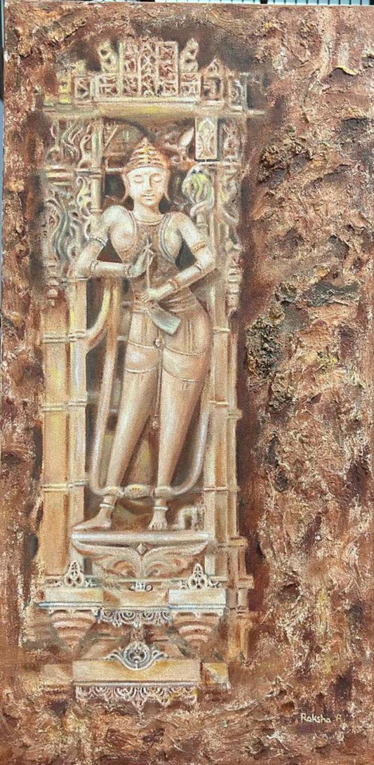 Carved stone panel with a figure in a detailed architectural setting