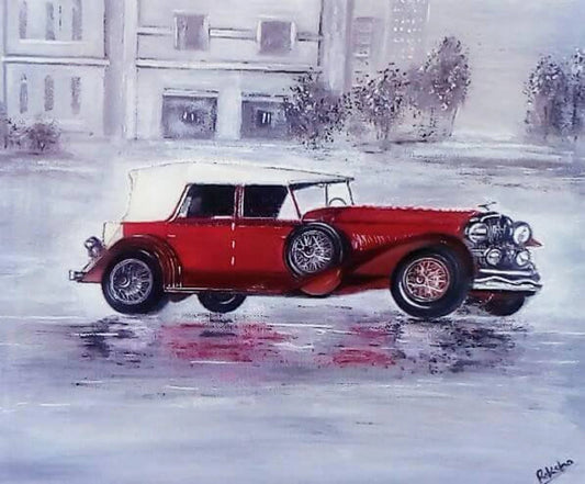 Vintage Car Painting Original Artwork by Oil And Acrylic On Canvas, Fine Art