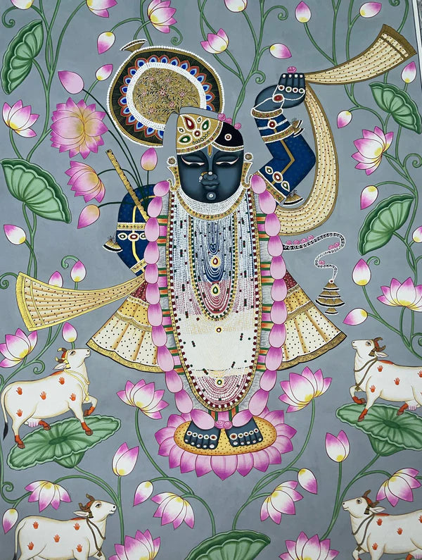 Original Traditional Art of Shrinathji in Lotus Pond, Handmade Pichwai Painting