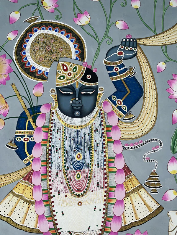 Original Traditional Art of Shrinathji in Lotus Pond, Handmade Pichwai Painting