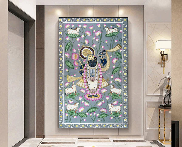 Original Traditional Art of Shrinathji in Lotus Pond, Handmade Pichwai Painting