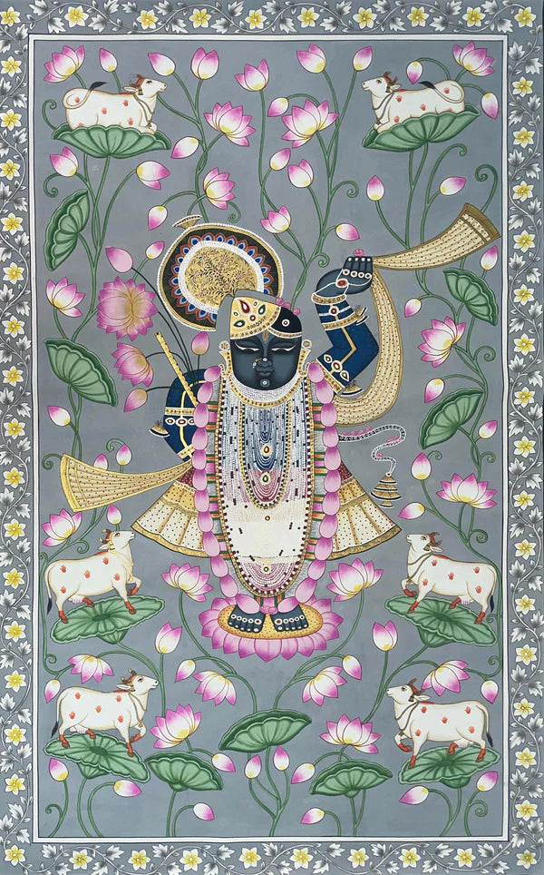 Original Traditional Art of Shrinathji in Lotus Pond, Handmade Pichwai Painting