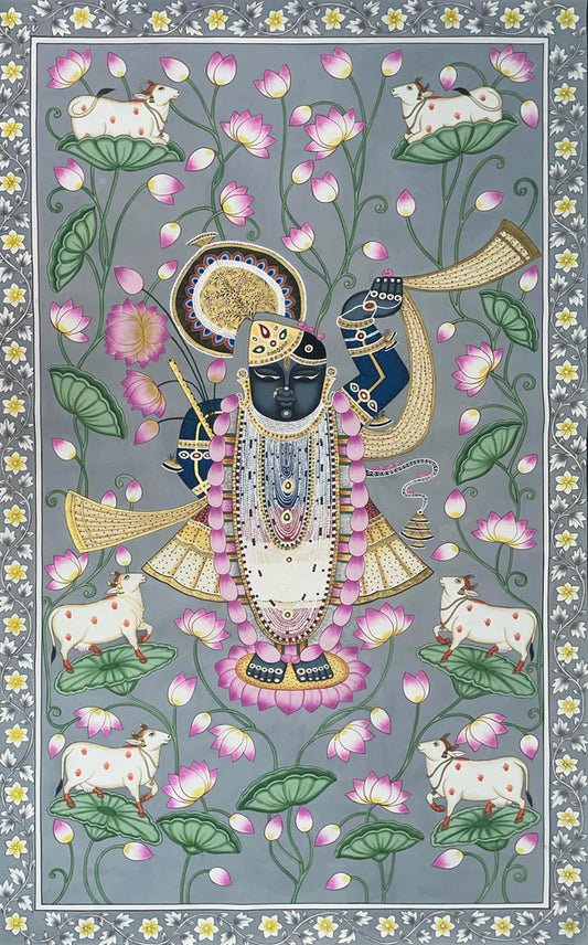 Original Traditional Art of Shrinathji in Lotus Pond, Handmade Pichwai Painting
