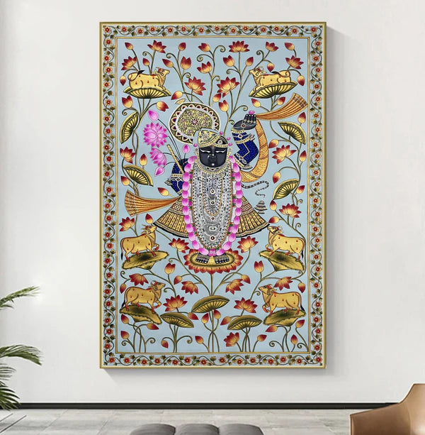 Stone Color Based Shrinathji in Lotus Pond, Handmade Pichwai Painting