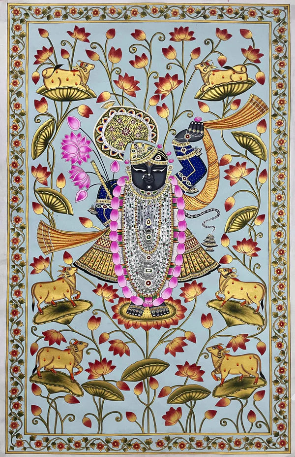 Stone Color Based Shrinathji in Lotus Pond, Handmade Pichwai Painting