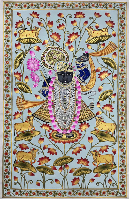 Stone Color Based Shrinathji in Lotus Pond, Handmade Pichwai Painting