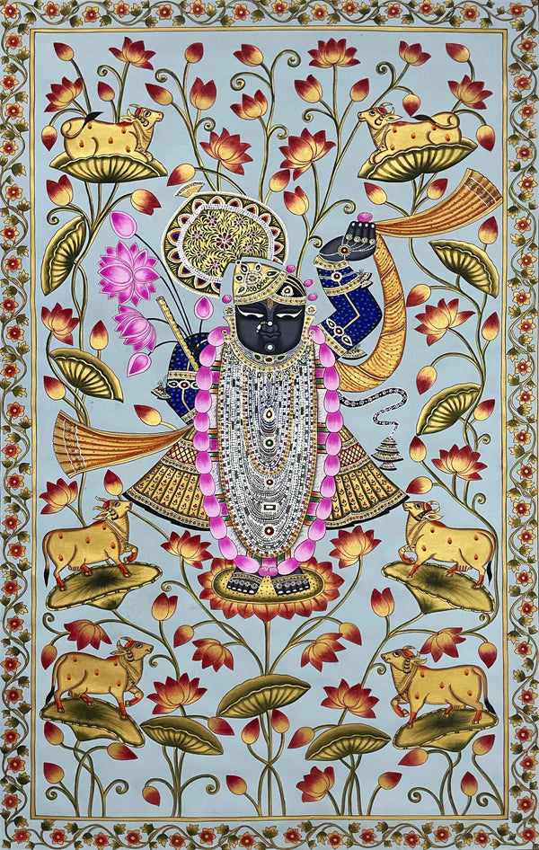 Stone Color Based Shrinathji in Lotus Pond, Handmade Pichwai Painting