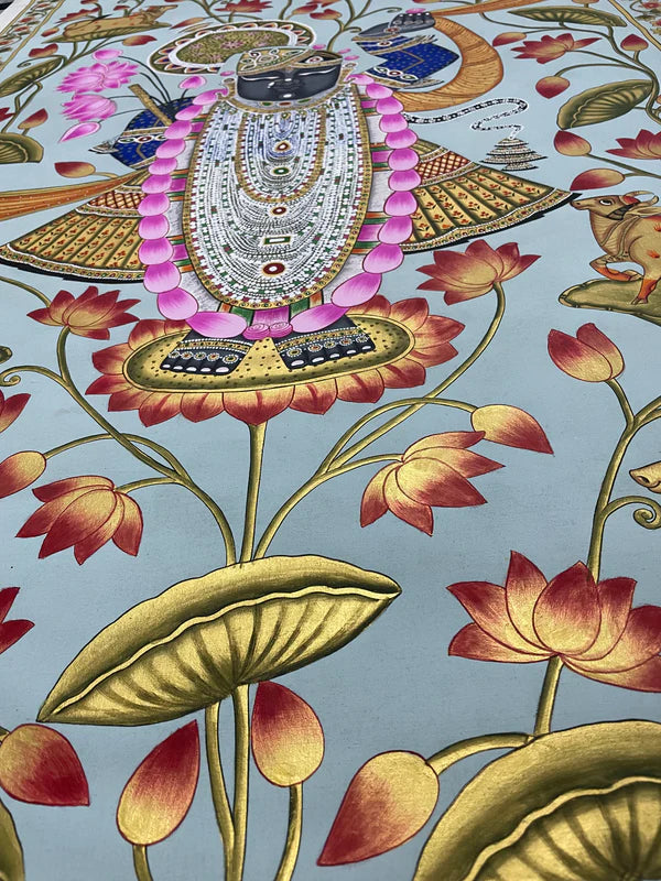 Stone Color Based Shrinathji in Lotus Pond, Handmade Pichwai Painting