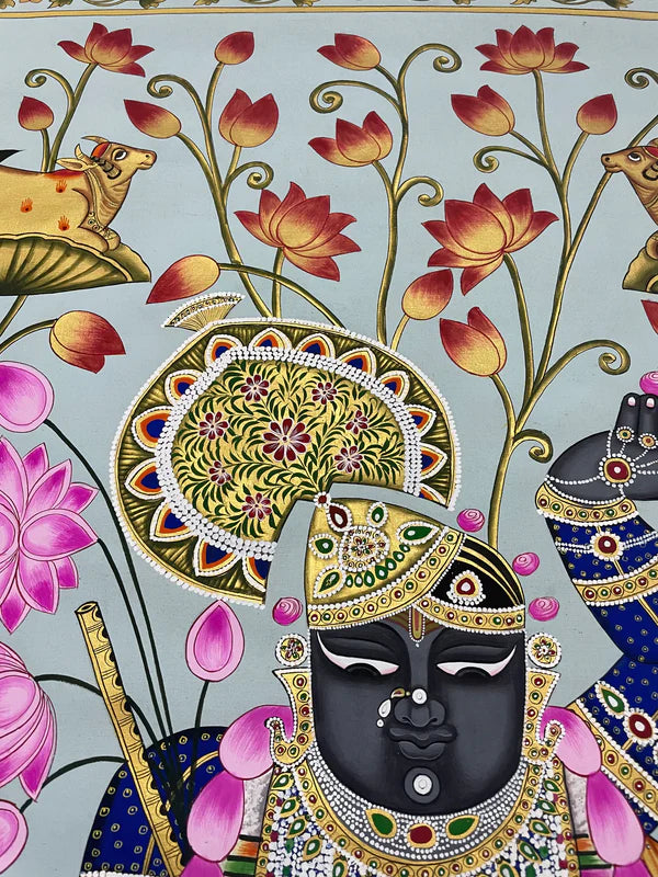 Stone Color Based Shrinathji in Lotus Pond, Handmade Pichwai Painting