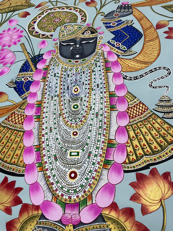 Stone Color Based Shrinathji in Lotus Pond, Handmade Pichwai Painting