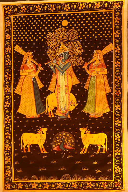 Original Shrinathji Painting Pichwai made by Natural Colors Depicting Krishna's world, Gold on fabric