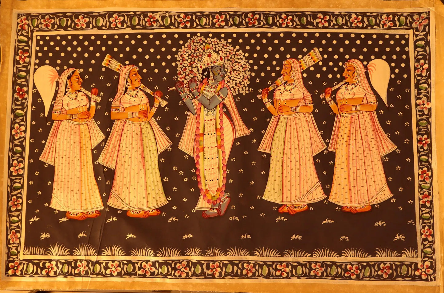 Krishna Original Pichwai Art Form India Made by Ancient Process, Real Colors on Fabric