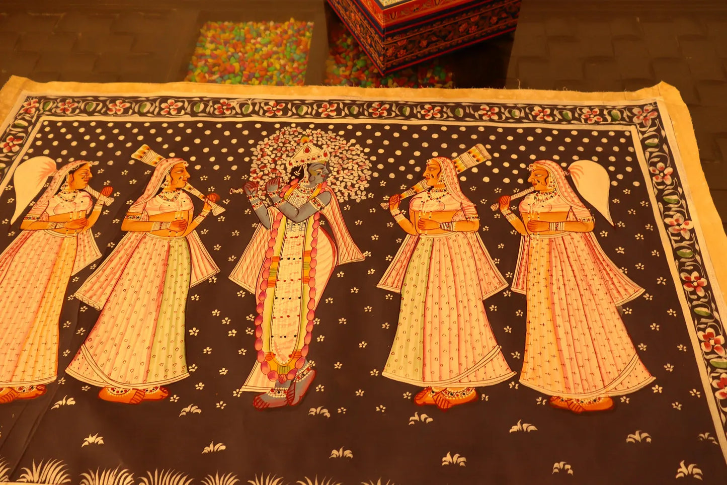 Krishna Original Pichwai Art Form India Made by Ancient Process, Real Colors on Fabric