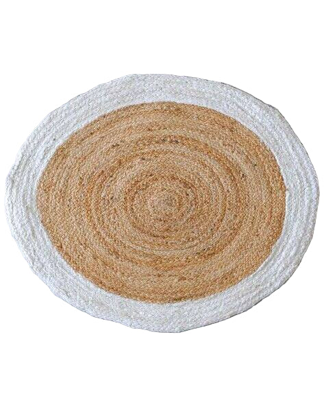 Round jute rug with white border on a wooden floor